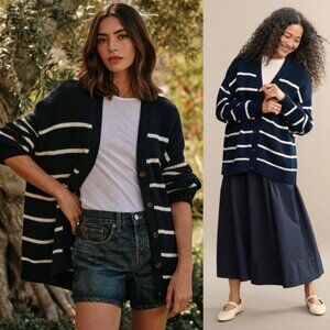 Jenni Kayne Chloe Cardigan Navy Ivory Striped‎ Cotton Button Front Size M
